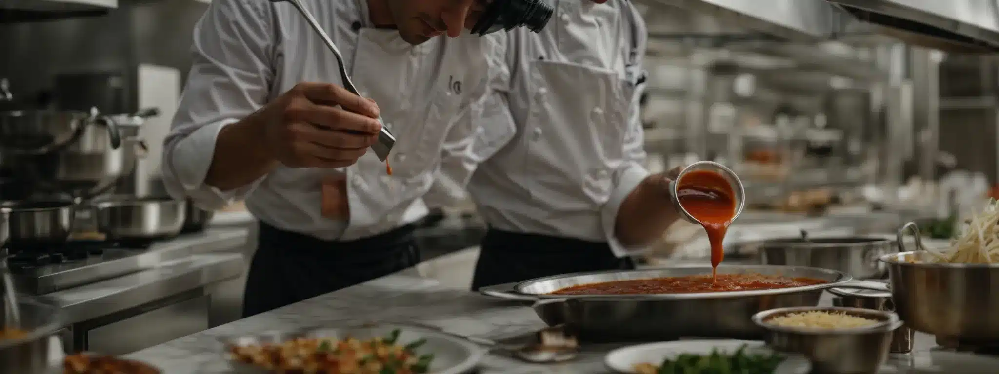 A Chef Drizzles A Finishing Sauce Onto A Gourmet Dish In A High-End Restaurant Kitchen.