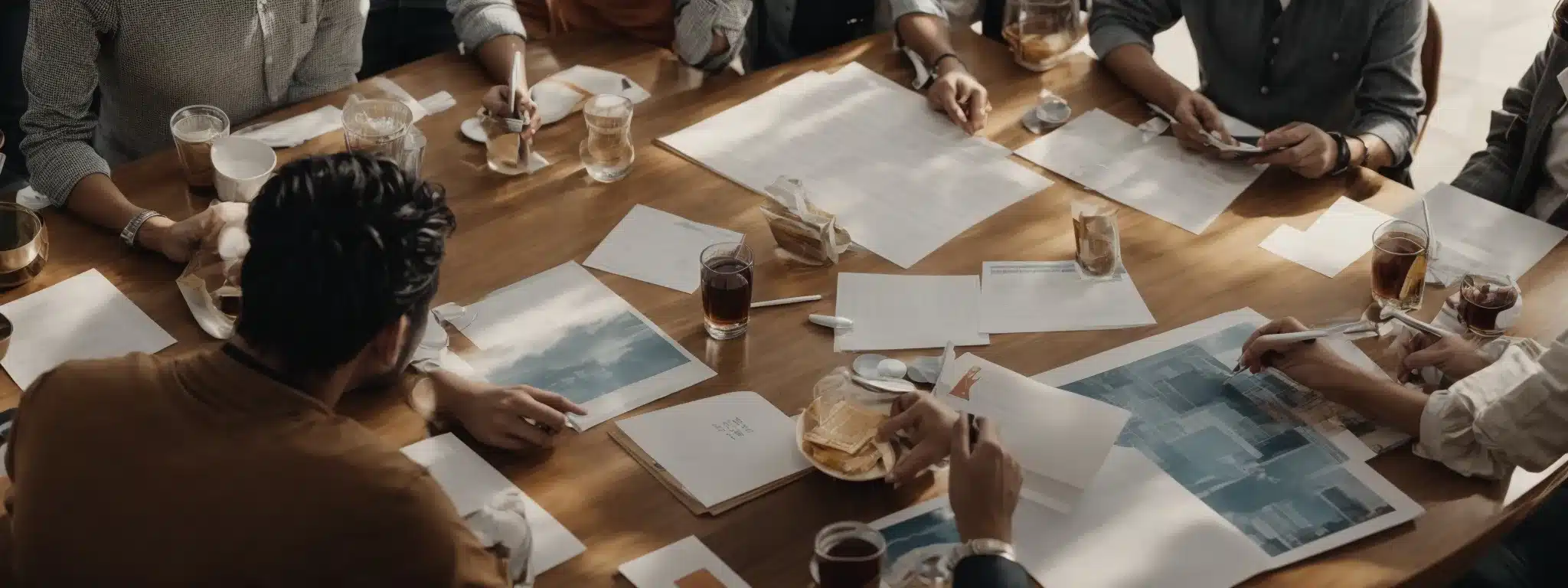 A Group Of Marketers Gathered Around A Table, Discussing Strategies Over Charts And Graphs, Evoking The Spirit Of Navigation And Discovery In Refining Their Brand'S Value Proposition.