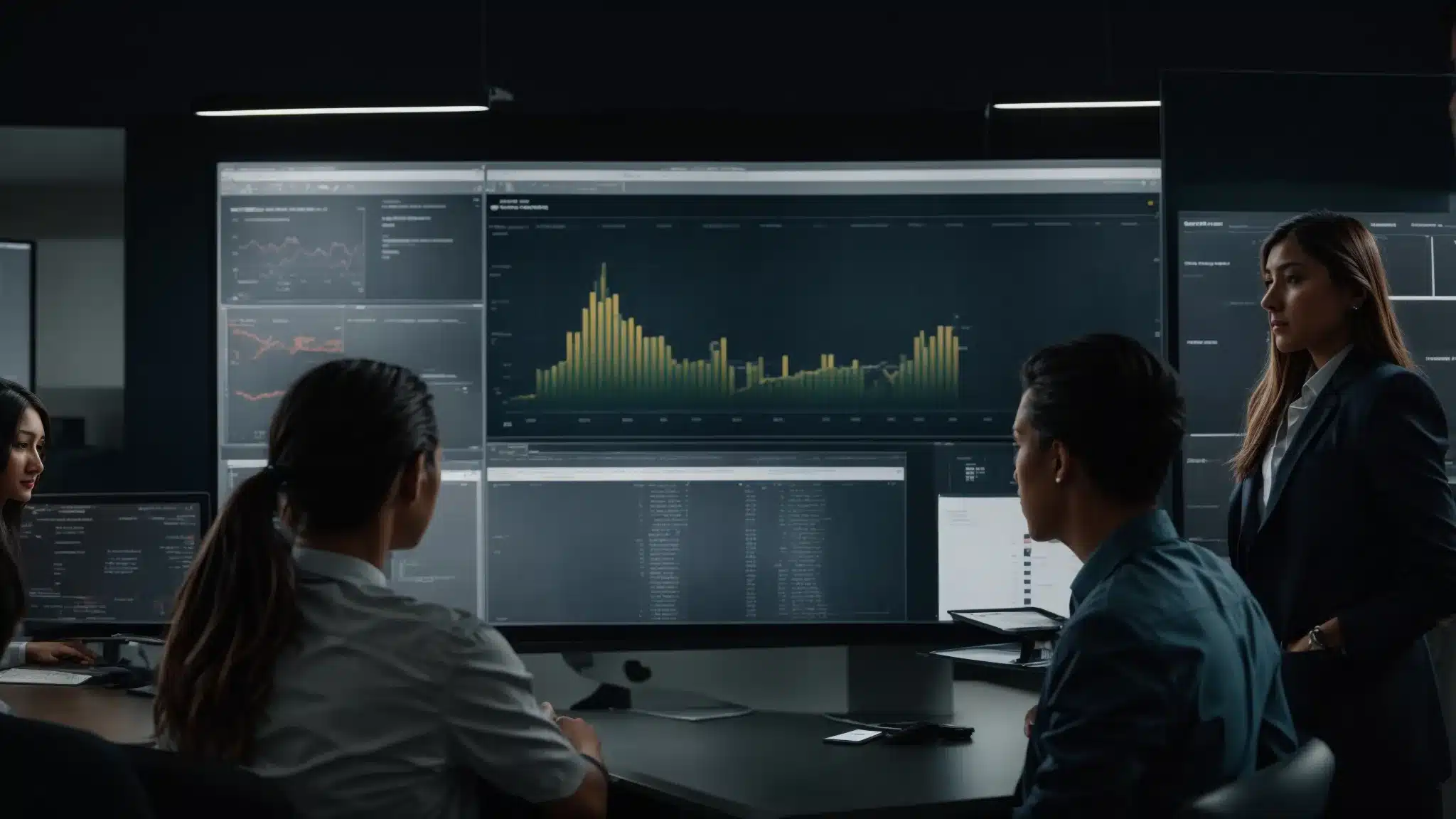 A Marketing Team Analyzes Data On A Large Screen, Discussing Brand Strategy.