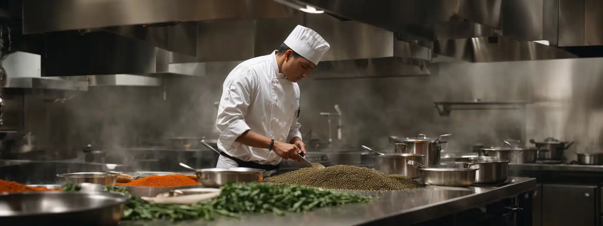 A Chef Expertly Maneuvers Around A Professional Kitchen, Preparing An Elaborate Dish With An Array Of Spices And Ingredients.