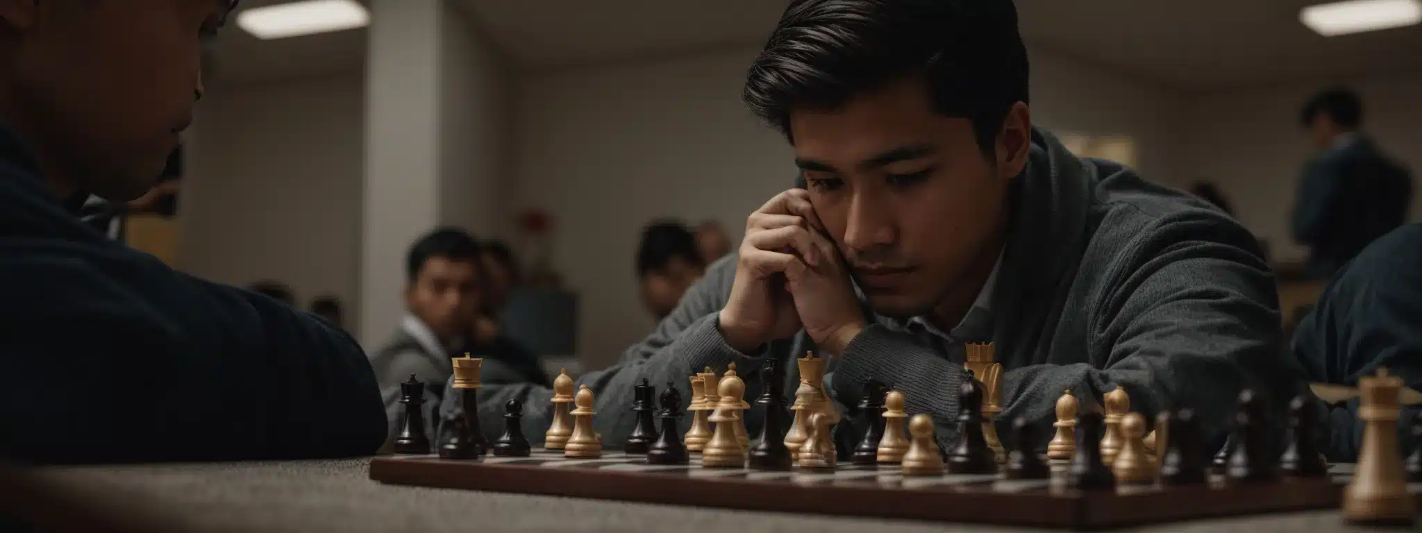 A Chess Player Intently Focuses On The Board, Contemplating The Next Strategic Move In A Quiet Competition Room.