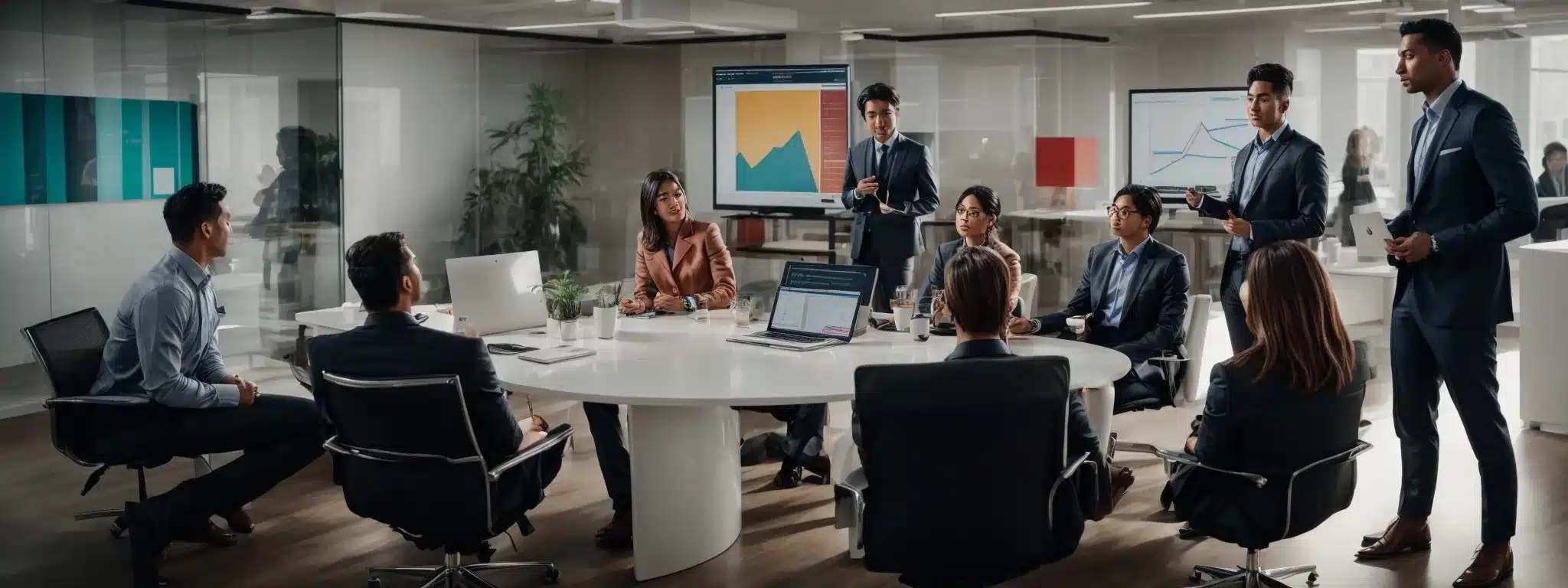 A Strategy Meeting In A Modern Office With Marketers Discussing Over A Large Screen Displaying Colorful Graphs.