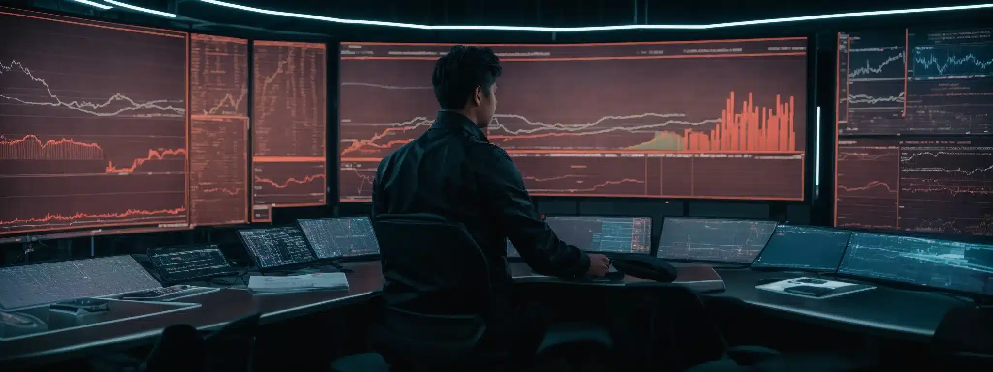 A Person Sitting In Front Of Multiple Glowing Screens, Analyzing Charts And Graphs In A Hi-Tech Monitoring Station.