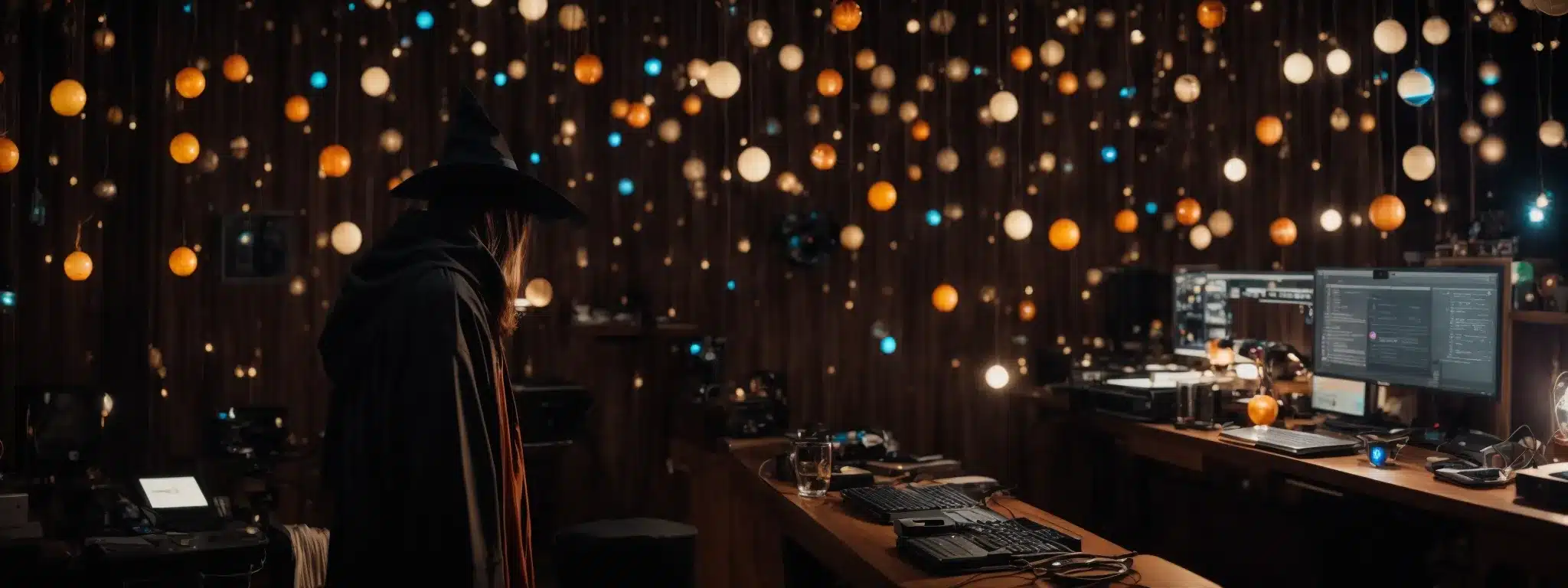 A Wizard Surrounded By Mystical Orbs Representing Plugins As They Carefully Select And Arrange Them Around A Glowing Computer Screen.