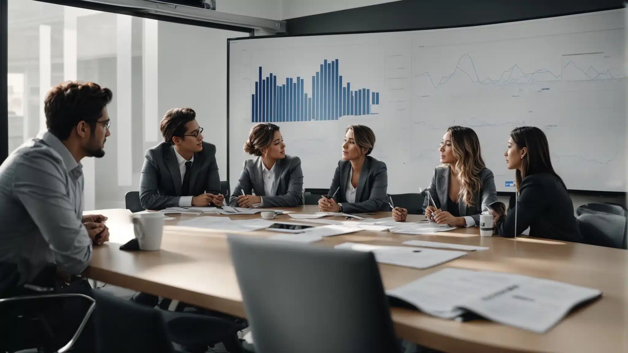 A Team Of Professionals Gathered Around A Conference Table, Discussing Over A Digital Marketing Plan Depicted Through Charts And Diagrams On A Whiteboard.
