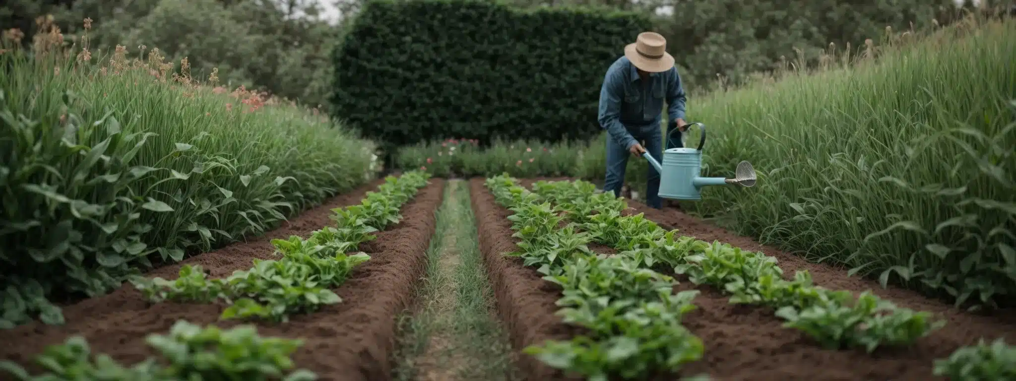 A Gardener Watering A Row Of Young Plants With A Watering Can In A Tranquil Garden.