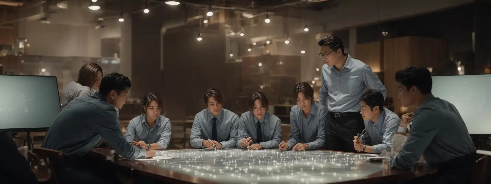 A Team Of Strategists Collaborates Around A Large, Illuminated Table, Refining A Brand Concept On A Canvas.