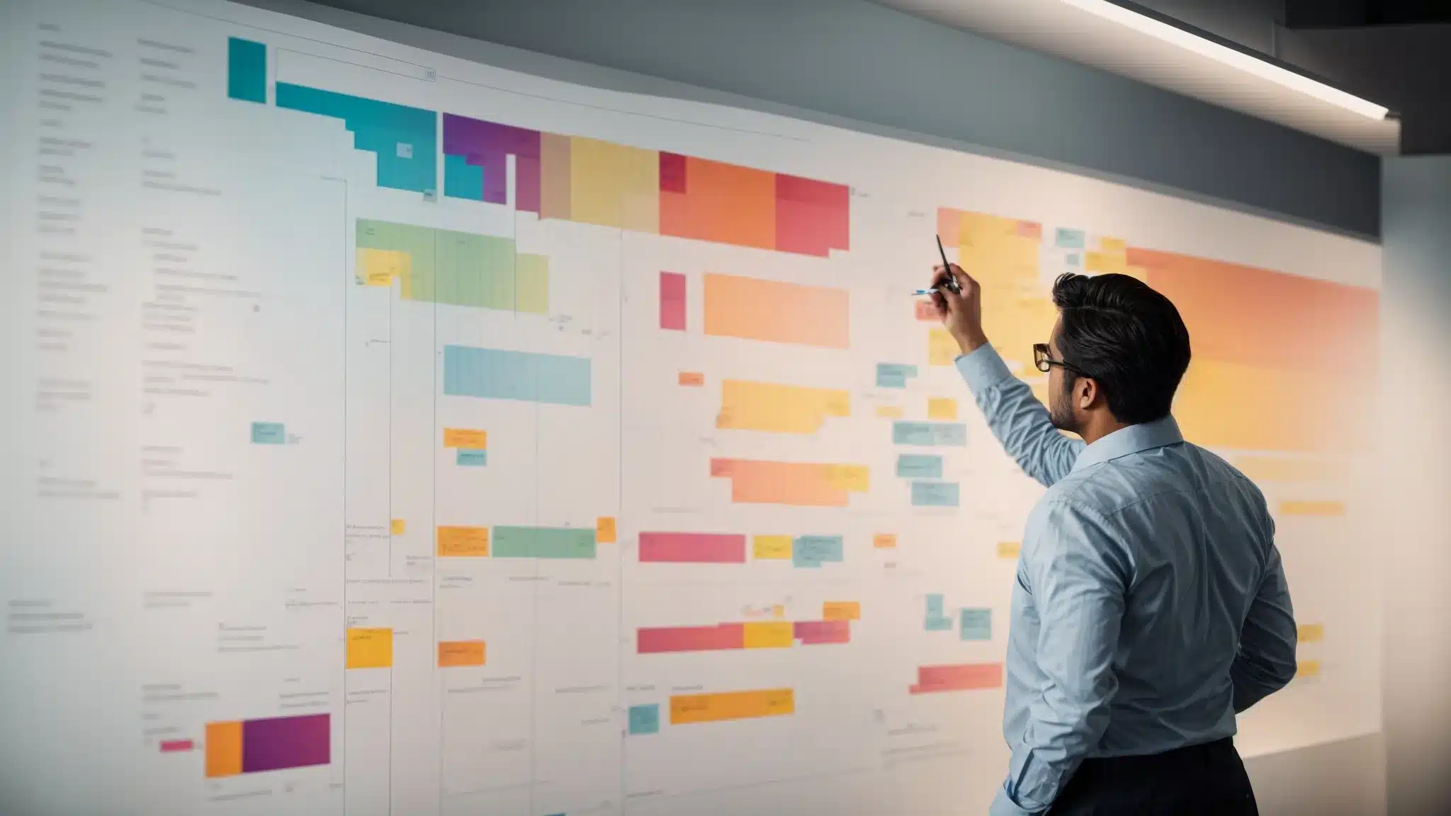 A Marketer Points At A Colorful Chart On A Wall During A Creative Brainstorming Session In A Modern Office.