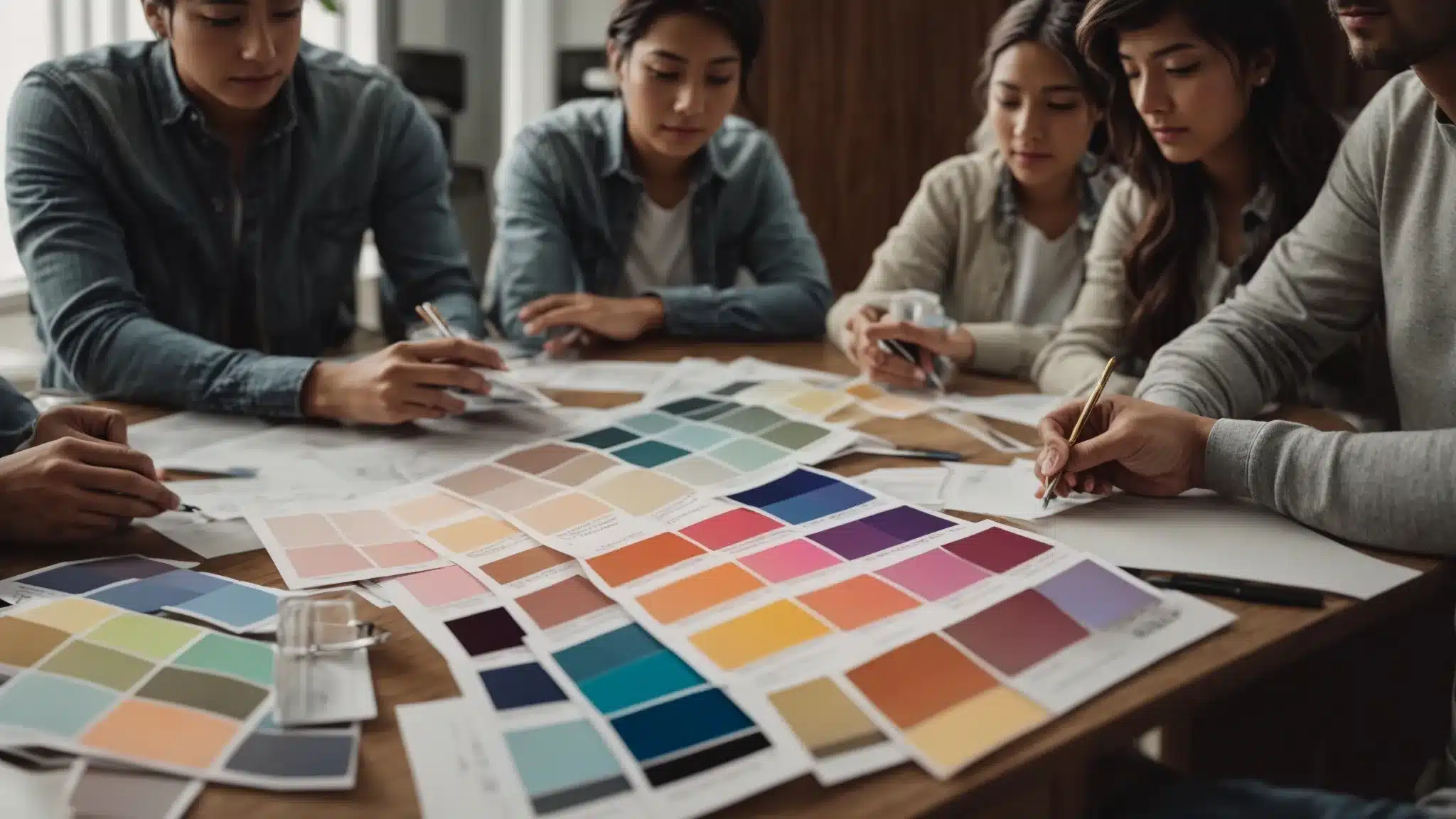 A Group Of Designers Brainstorming With Color Swatches And Mock-Up Materials Spread Across A Conference Table.