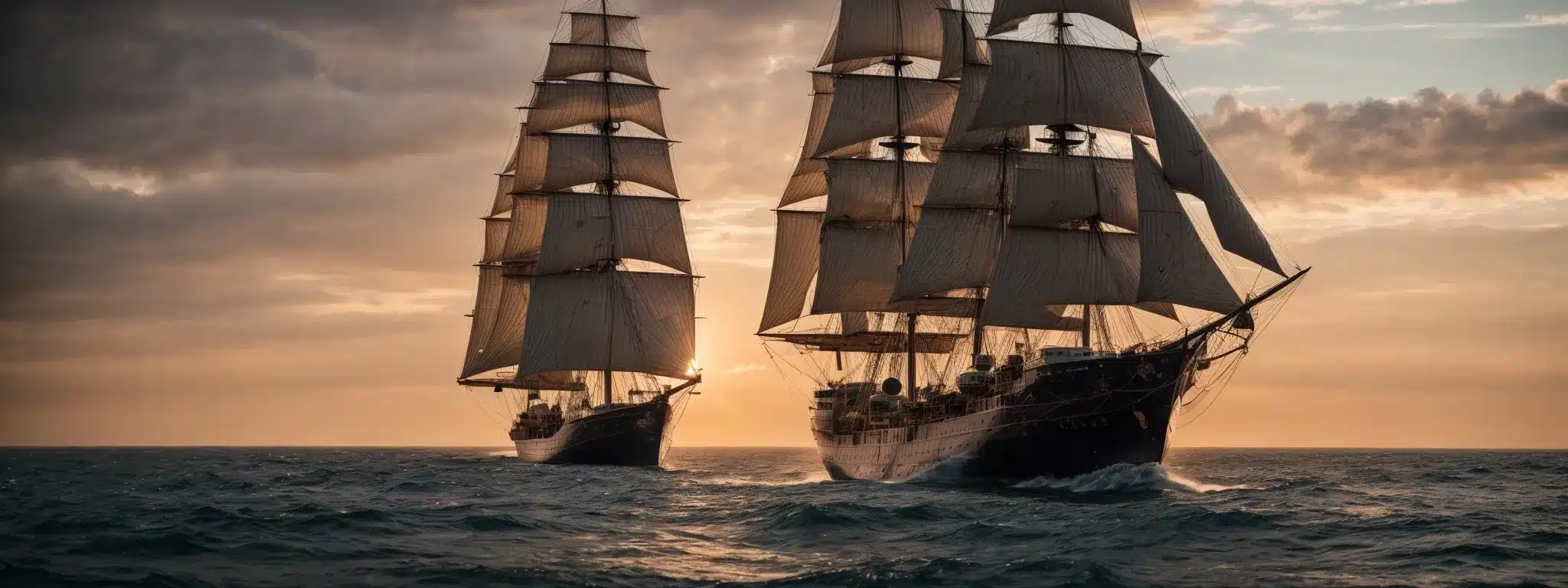 A Majestic Ship Adjusts Its Vibrant Sails Against A Backdrop Of A Horizon Teeming With The Glow Of Dawn.