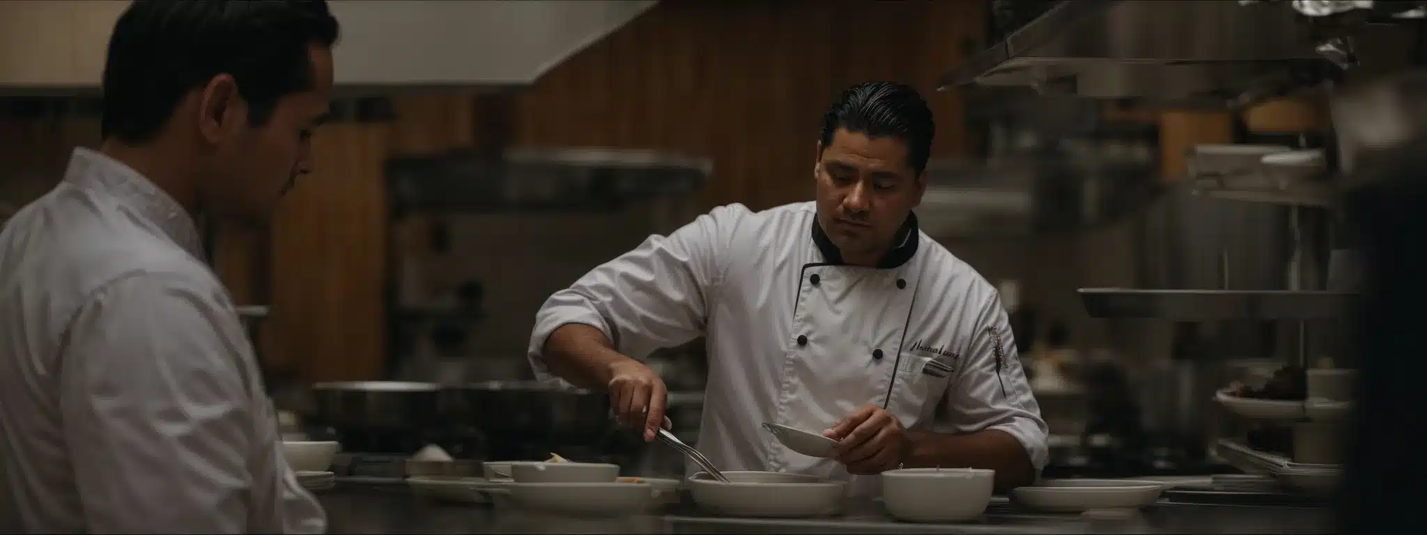 A Chef Scrutinizing A Dish With A Discerning Eye In A Professional Kitchen.