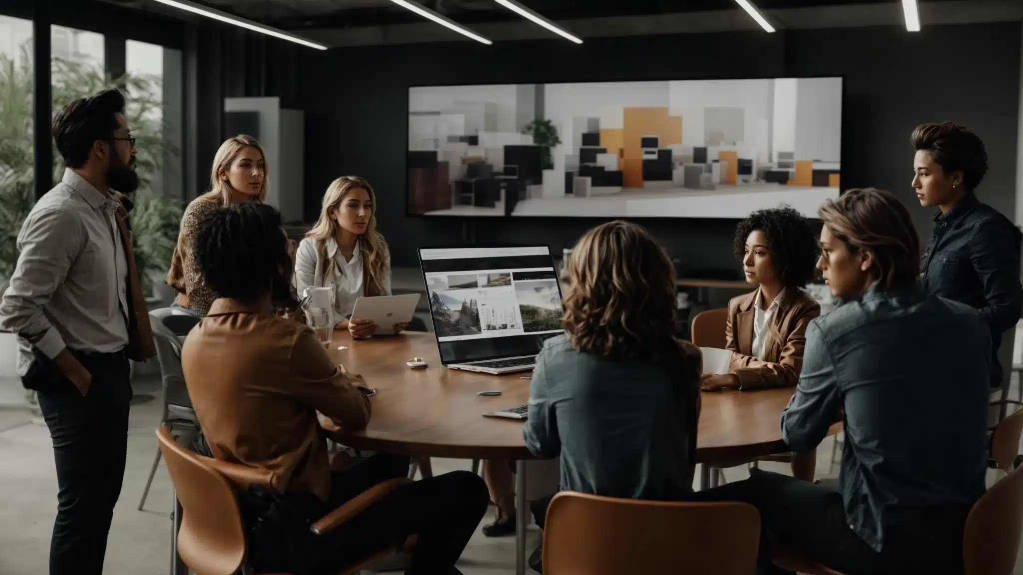 A Team Of Creative Professionals Gathered Around A Table, Brainstorming With A Brand'S Core Visuals Displayed On A Large Screen In A Modern Office.