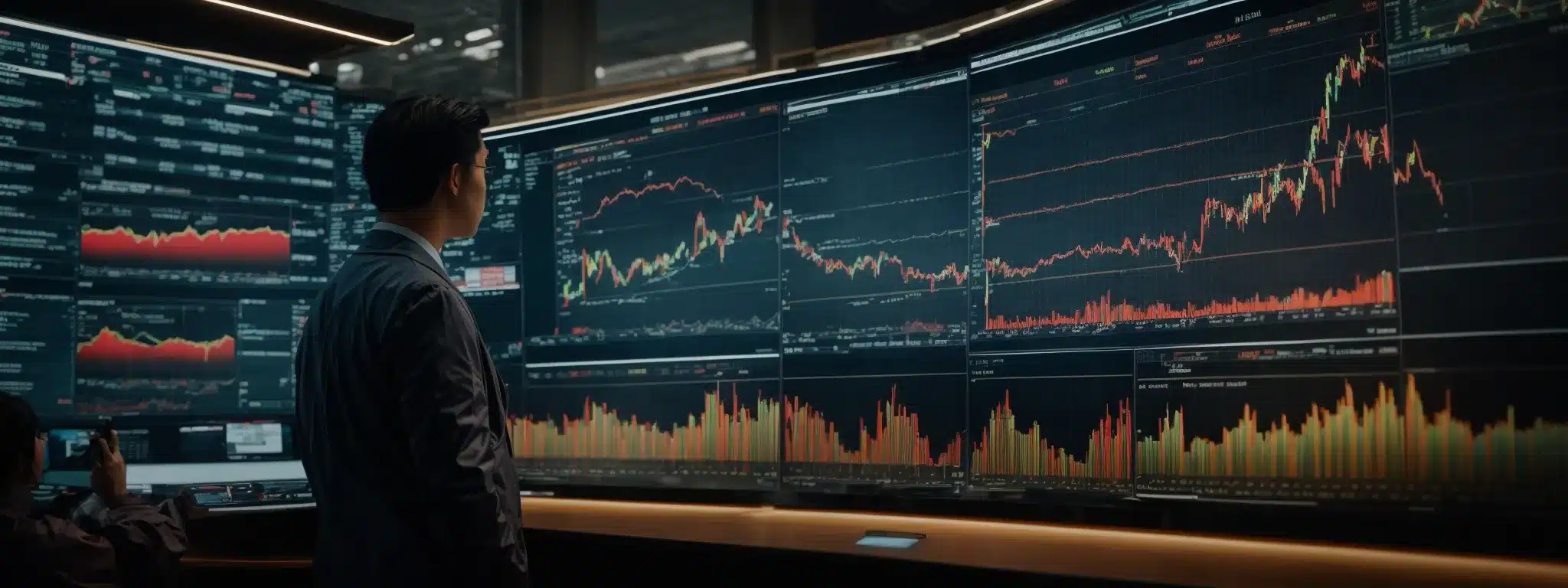 A Person Examines A Large, Vibrant Stock Market Dashboard Reflecting The Dynamic Ups And Downs Of The Financial World.