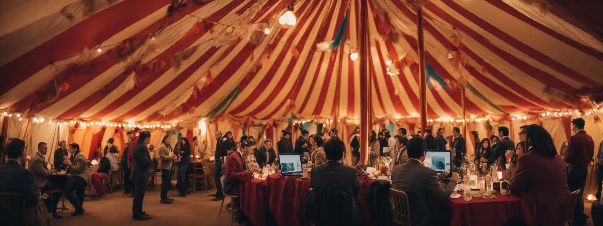 A Bustling Marketing Strategy Meeting Taking Place Within A Vibrant Circus Tent Bustling With Creative Professionals.