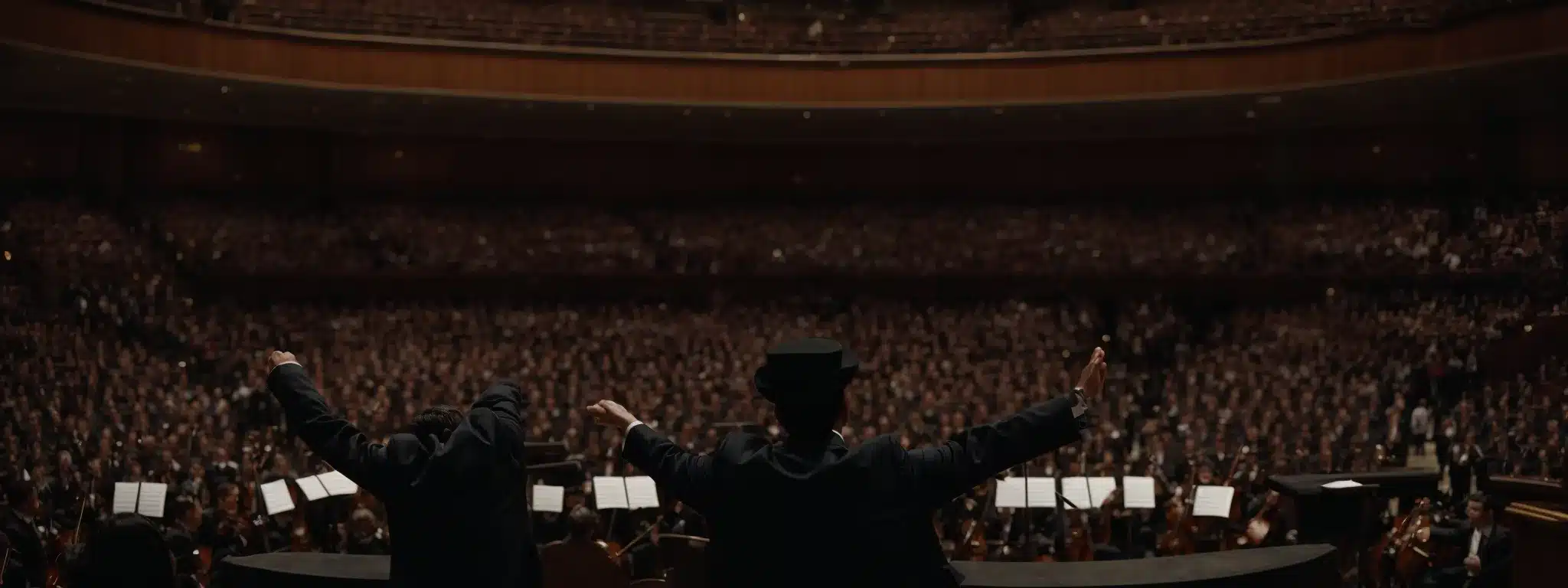 A Conductor Stands On The Podium, Arms Raised, Commanding An Orchestra In A Grand Auditorium Filled With Anticipation.