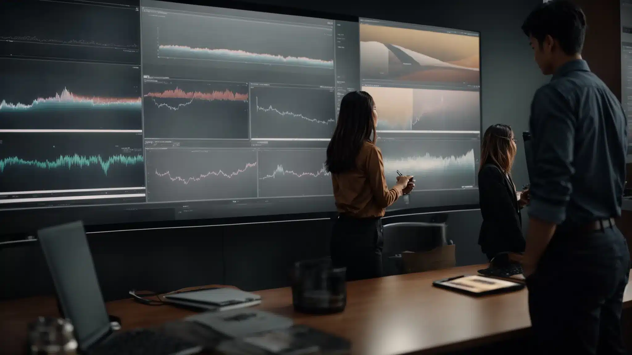 A Marketing Team Analyzes Data On A Large Screen Showing The Growth Of Their Brand'S Online Engagement.