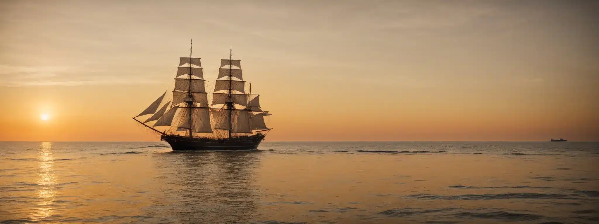 A Majestic Sailing Ship Glides Towards A Golden Sunset On A Calm Sea.