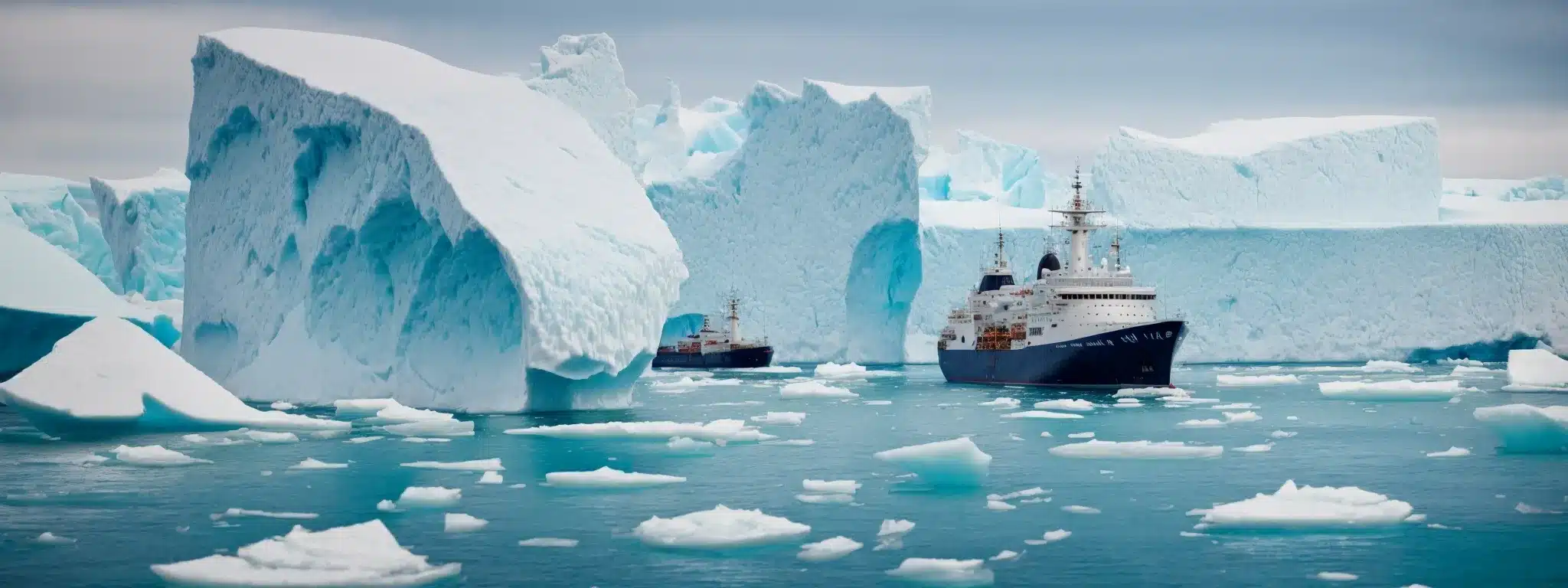 A Ship Carefully Maneuvers Through A Labyrinth Of Towering Icebergs Under A Clear Blue Sky.