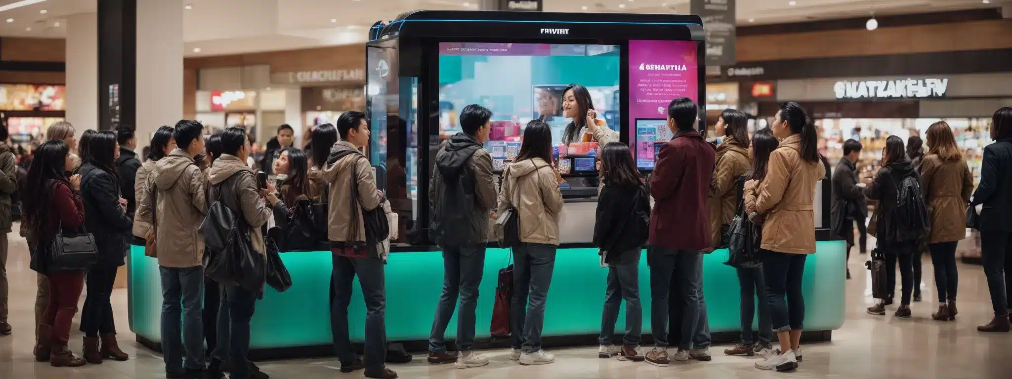 Customers Gather Around An Interactive Kiosk Displaying A Colorful And Engaging Loyalty Program Promotion Inside A Bustling Shopping Center.