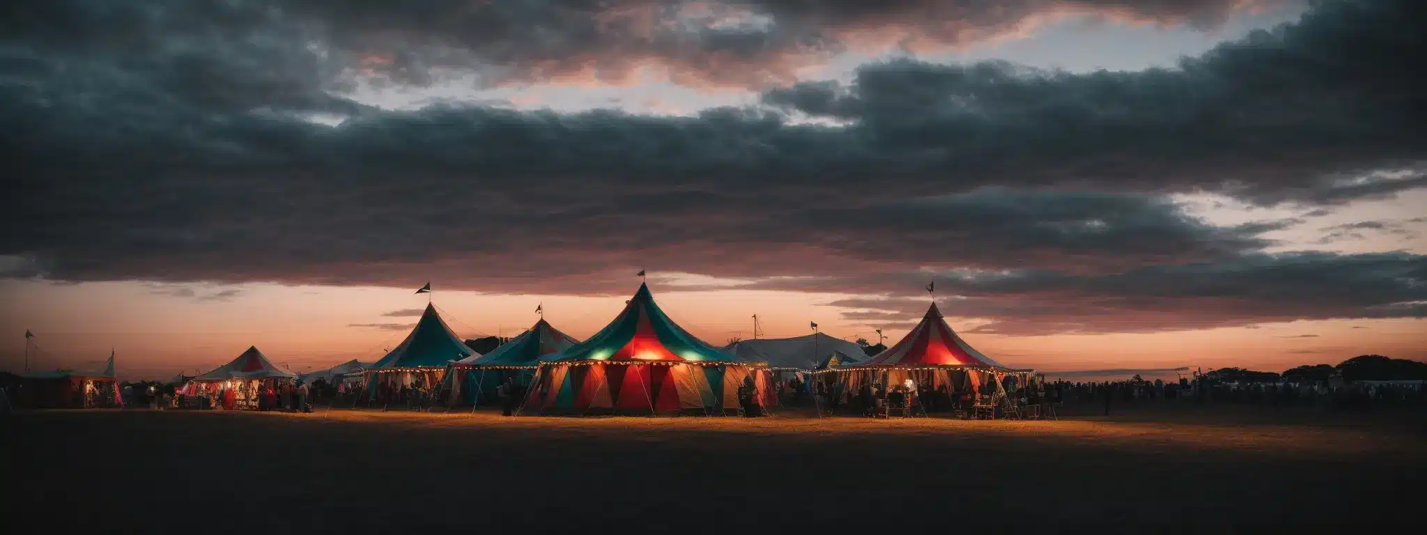 A Spotlight Illuminates A Vibrant Circus Tent Against The Evening Sky, Symbolizing A Premier Digital Event.