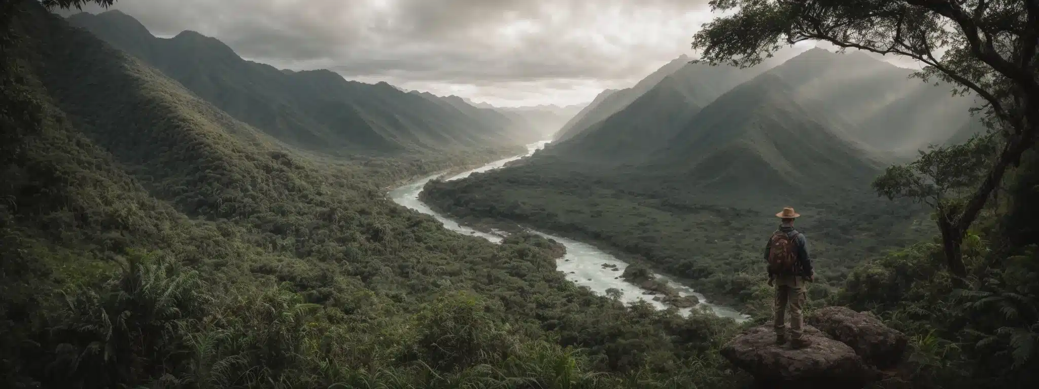 A Treasure Hunter Stands At The Edge Of A Dense Jungle With A River Winding Into The Distance And Mountains Looming In The Background.
