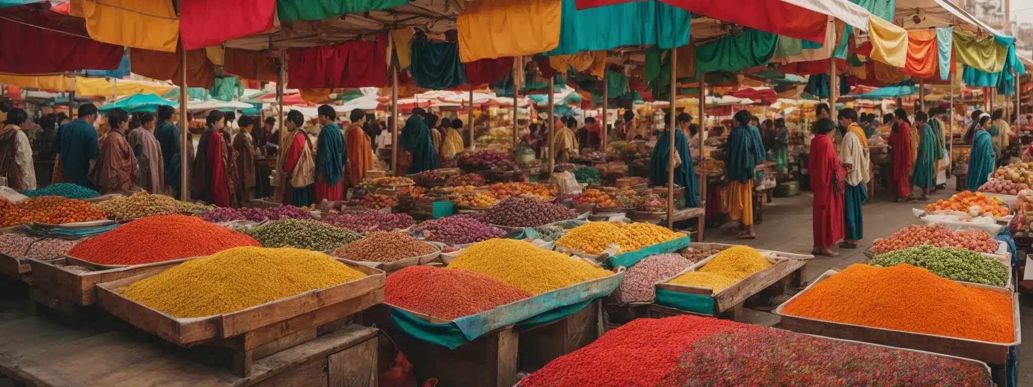 A Kaleidoscope Of Vibrant Market Stalls, Each With Its Unique Flair, Stands Out In A Sea Of Color And Creativity.
