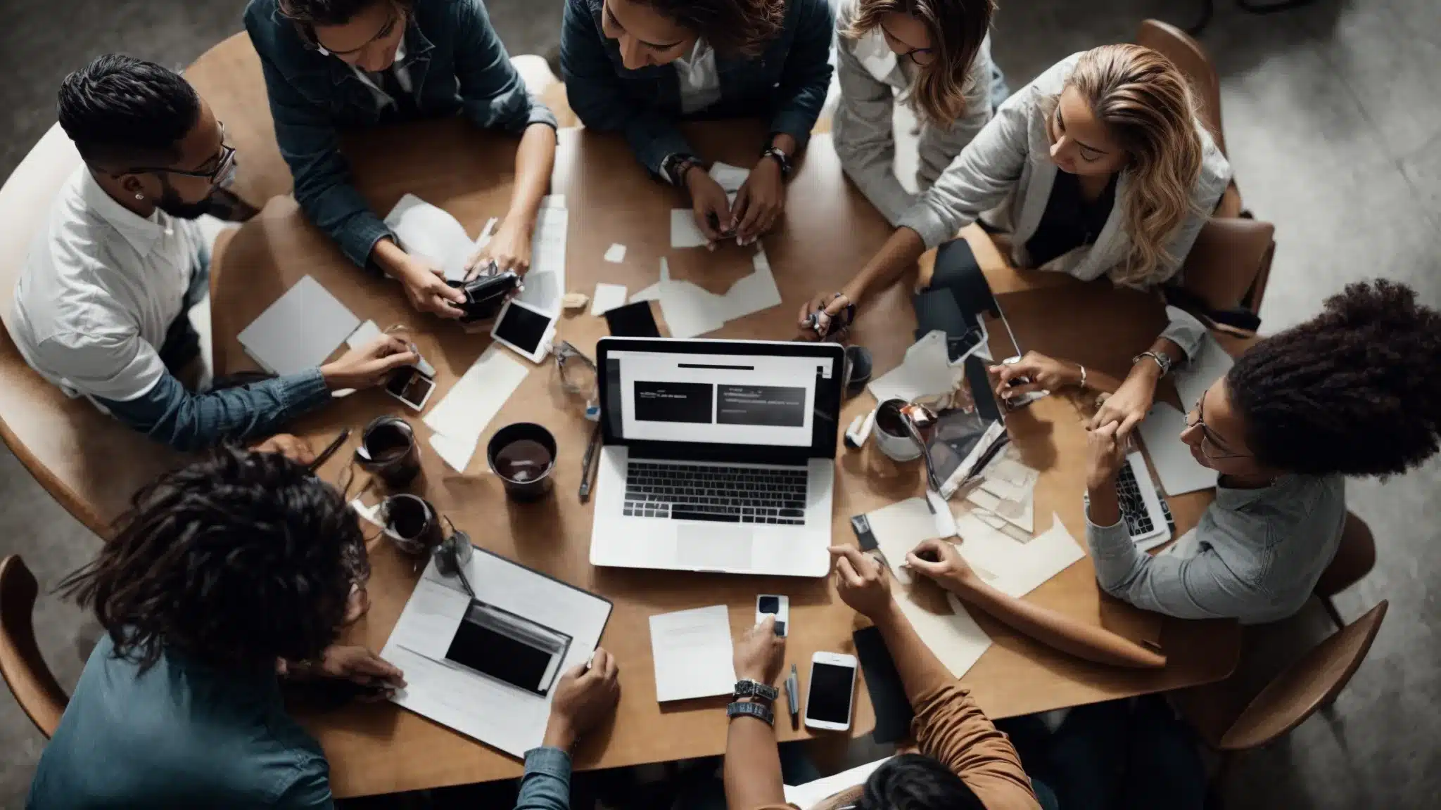 A Diverse Team Of Creative Professionals Collaborating Around A Large Table, Brainstorming Over Marketing Strategies With Digital Devices And Branding Materials Scattered About.