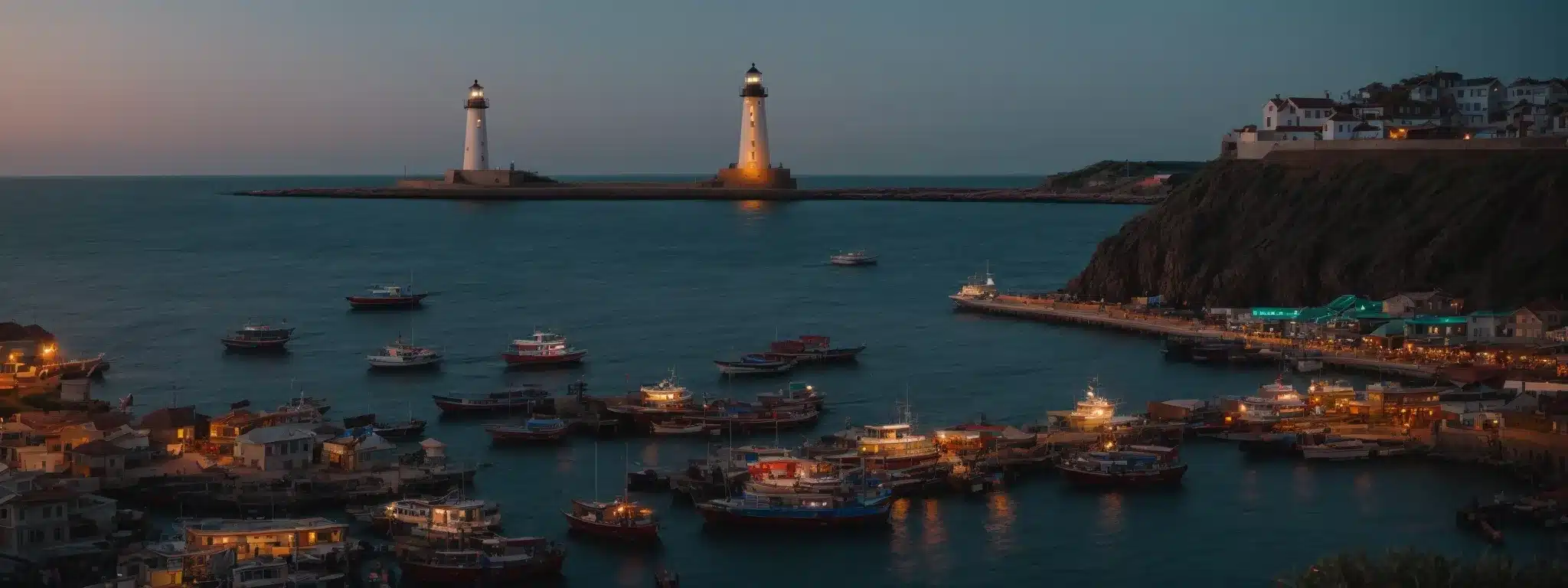 A Lighthouse Stands Majestically At Dusk, Overlooking A Sea Bustling With Colorful Market Boats, As Ships Navigate Towards The Shining Beacon.