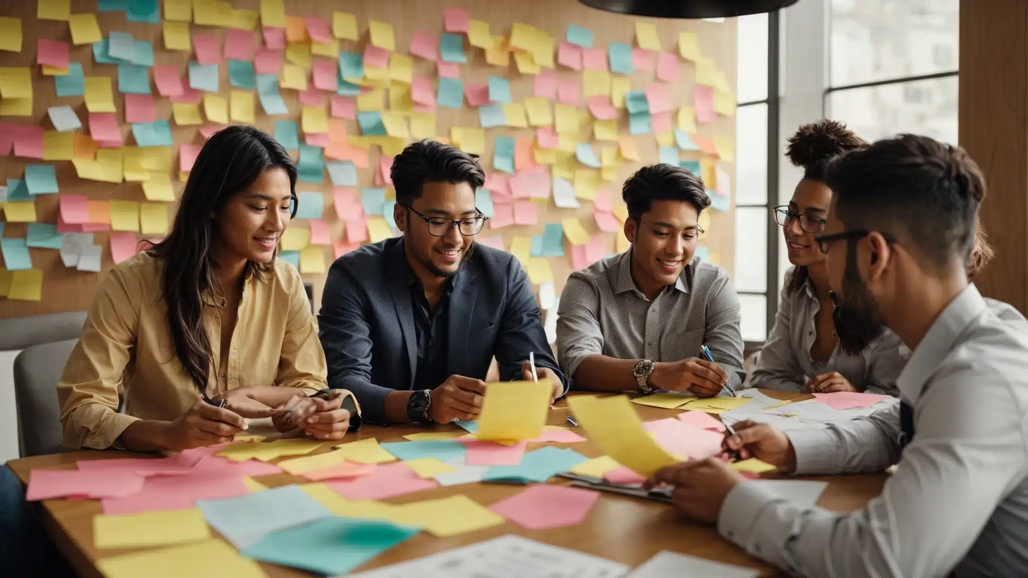 A Marketing Team Engages In A Lively Brainstorming Session Around A Table With Colorful Sticky Notes And Charts Depicting Customer Demographics.