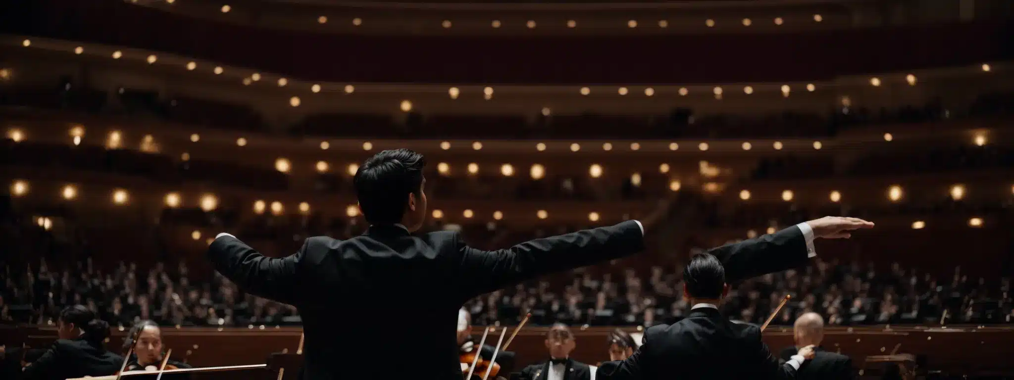 A Conductor With Arms Wide Open, Ready To Lead An Expectant Orchestra In A Grand Concert Hall.