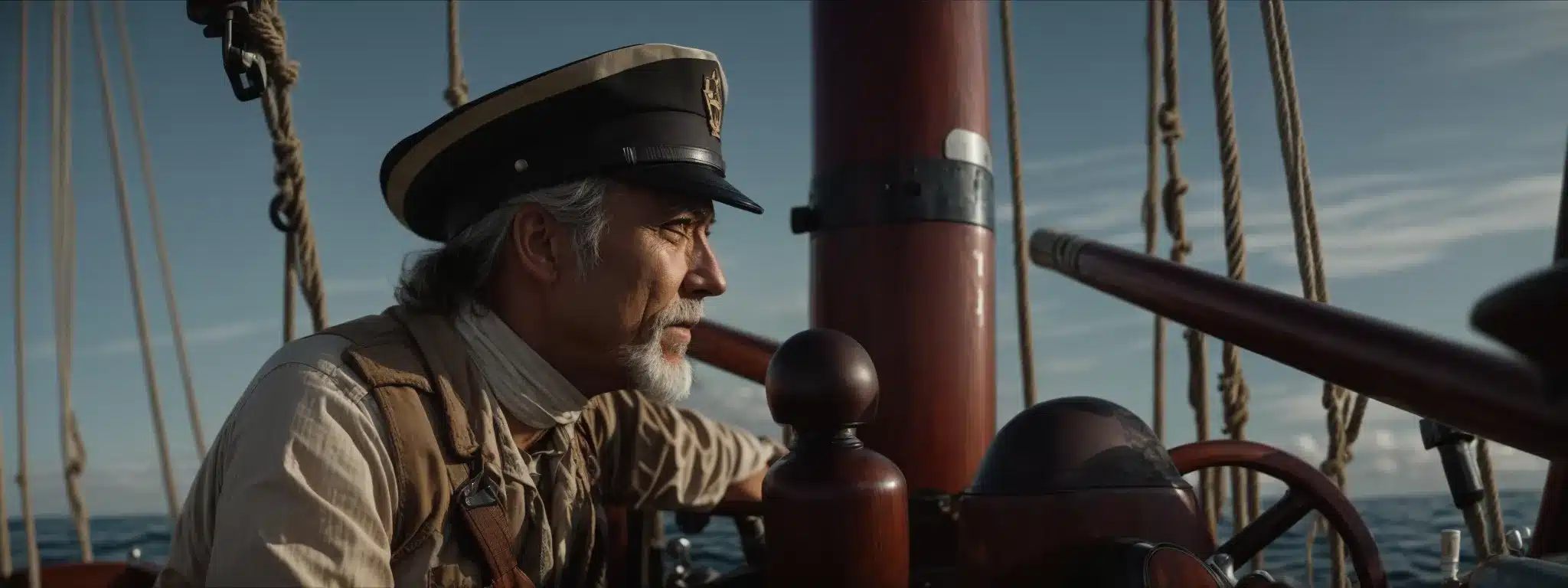 A Weathered Captain Steering A Wooden Ship Across A Calm Ocean Under Clear Skies.