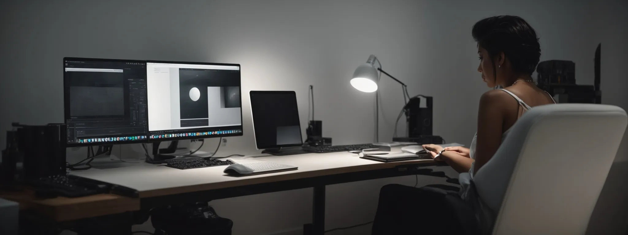A Designer Thoughtfully Clicks In A Modern, Minimalistic Studio, The Computer Screen Glowing With A Sleek Website In Progress.