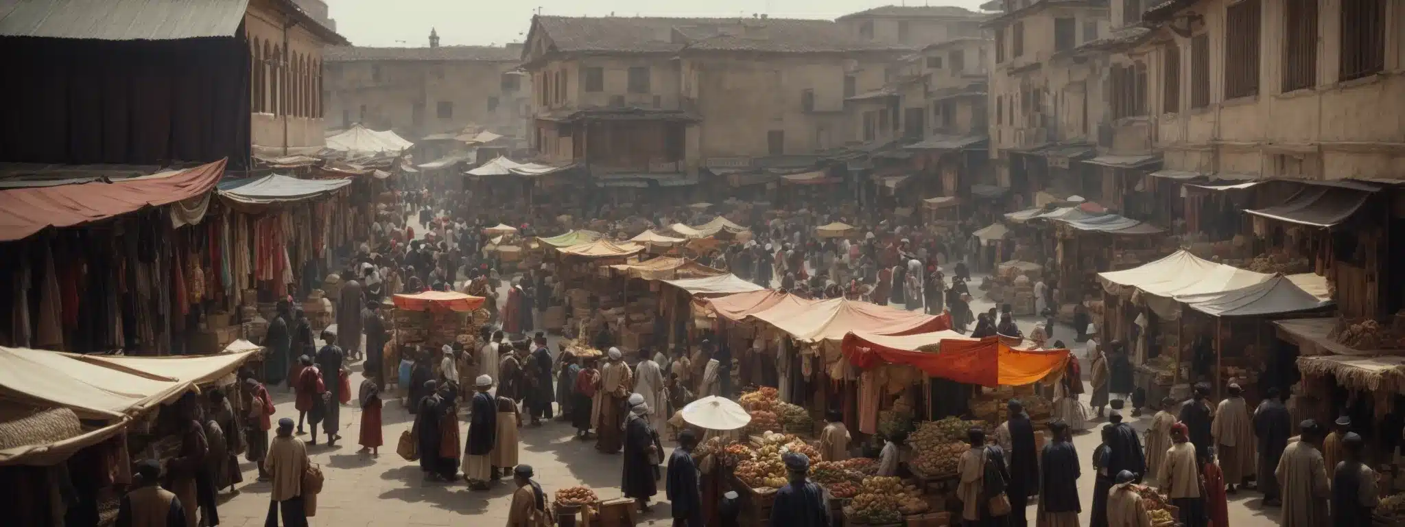 A Bustling Marketplace Scene With Diverse Groups Of People Exploring Different Stalls.