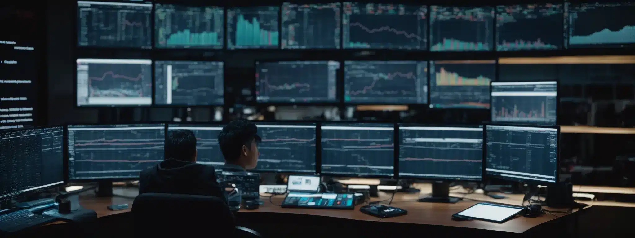A Computer Programmer Gazes Intently At A Multi-Monitor Setup, Analyzing Complex Data And Digital Marketing Dashboards.