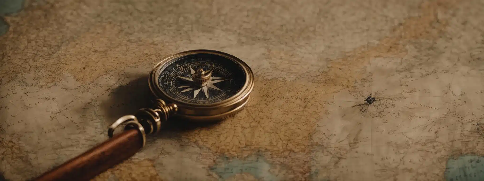 A Vintage Compass Laying On Top Of An Ancient, Weathered Map Amidst Navigation Tools, Symbolizing Strategic Planning And Exploration.