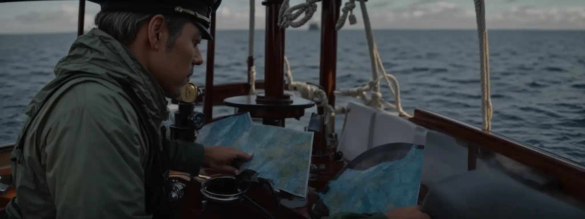 A Captain At The Helm, Intently Navigating A Ship Through Serene Waters Using A Compass And A Map.
