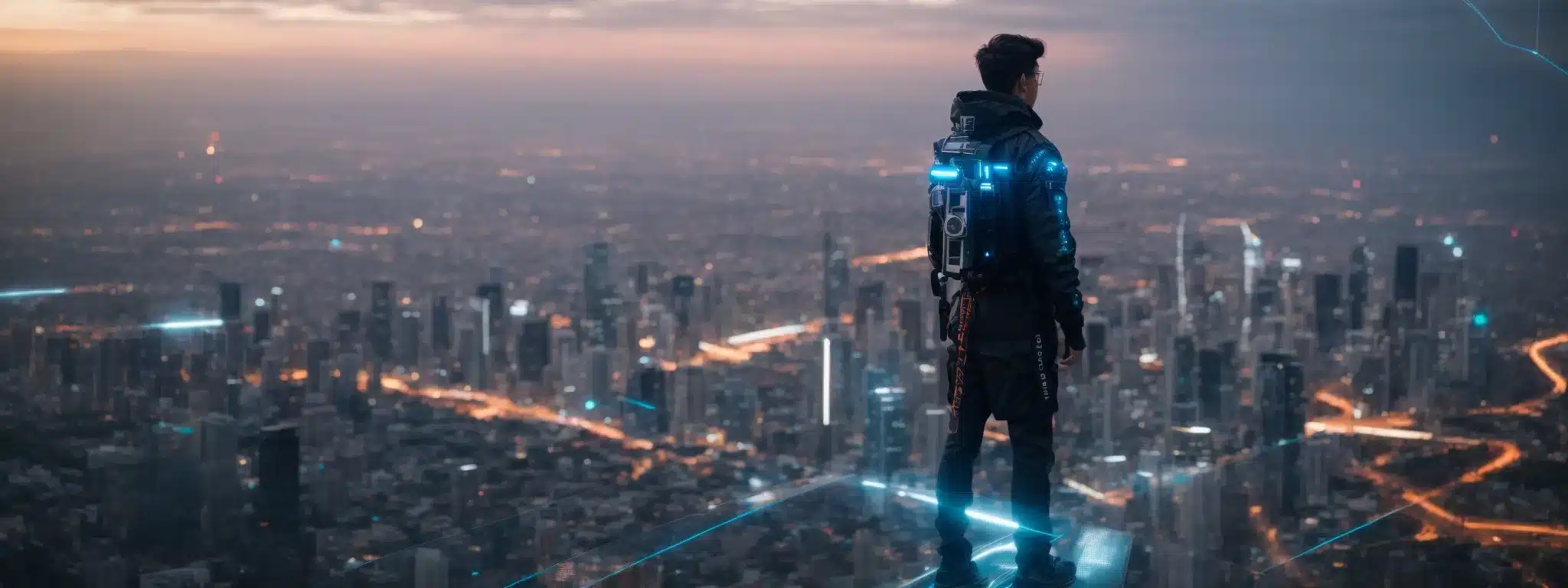 A Trailblazer Stands On The Edge Of A Futuristic Cityscape Horizon, With Holographic Interfaces And Data Streams Flowing In The Sky Above.