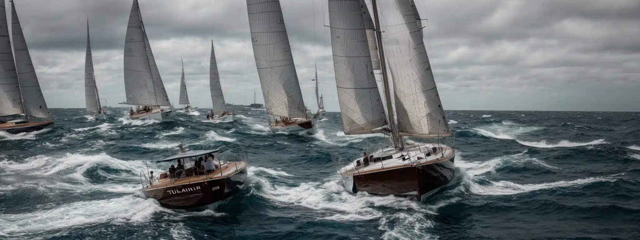 A Sailboat Navigating Tumultuous Seas Amidst Other Varied Vessels.