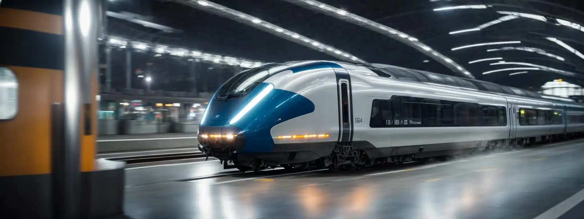 A High-Speed Train Effortlessly Gliding Through A Sleek, Futuristic Railway Station, Symbolizing Efficiency And Speed Optimization.