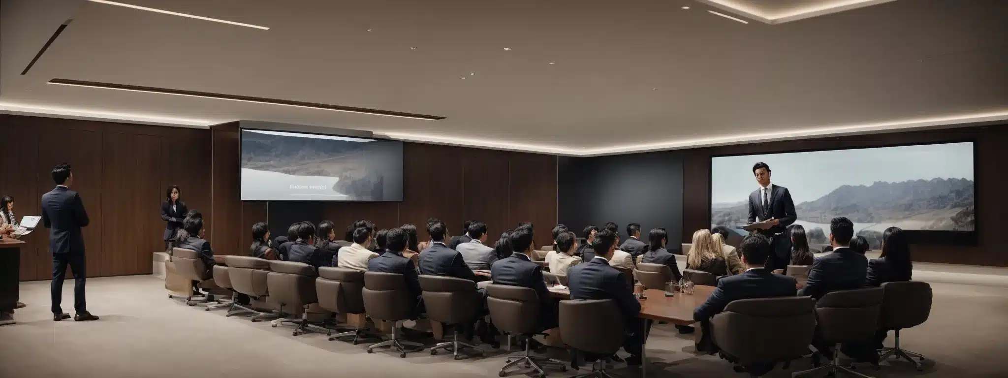 A Marketing Executive Presents A Polished Brand Portfolio To A Nodding Audience In A Sleek, Modern Conference Room.