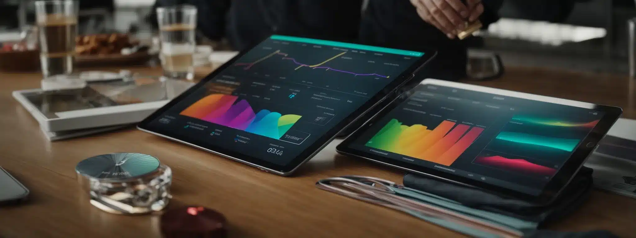 A Marketer Analyzes A Colorful Dashboard On A Tablet To Craft Individualized Consumer Journeys.