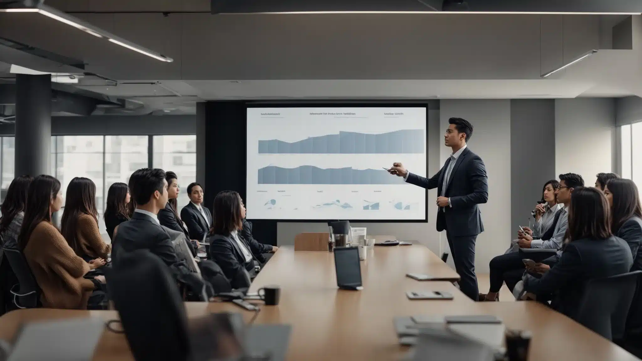 A Marketer Presenting A Comprehensive Digital Strategy On A Large Screen To A Group Of Engaged Professionals In A Modern Office Setting.