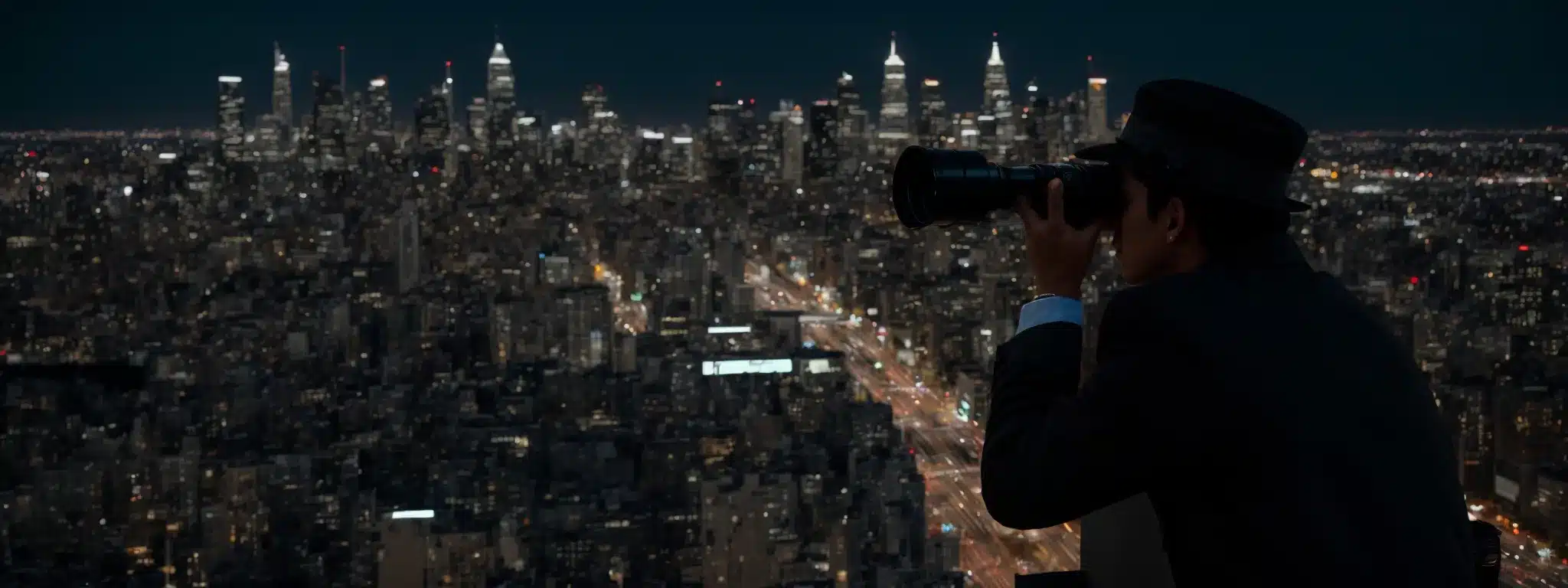 A Detective Peering Through Binoculars At A Cluster Of Billboards Illuminating A Cityscape At Night.