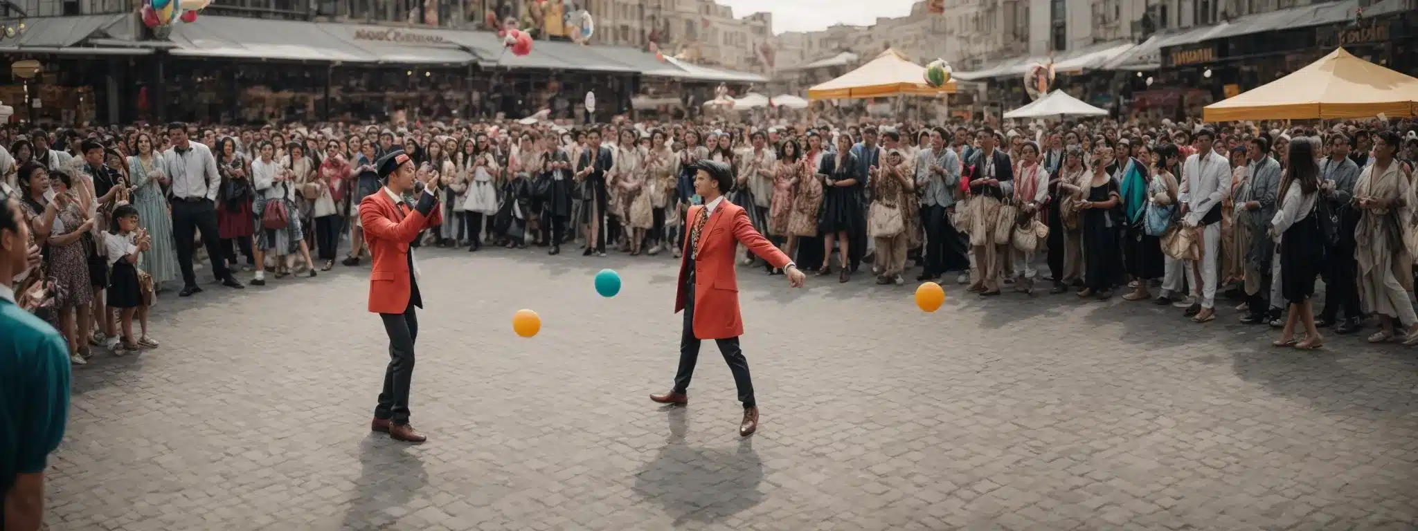 A Flamboyant Juggler Performs In The Center Of A Busy Digital Market Square, Drawing The Attention Of An Intrigued Crowd.