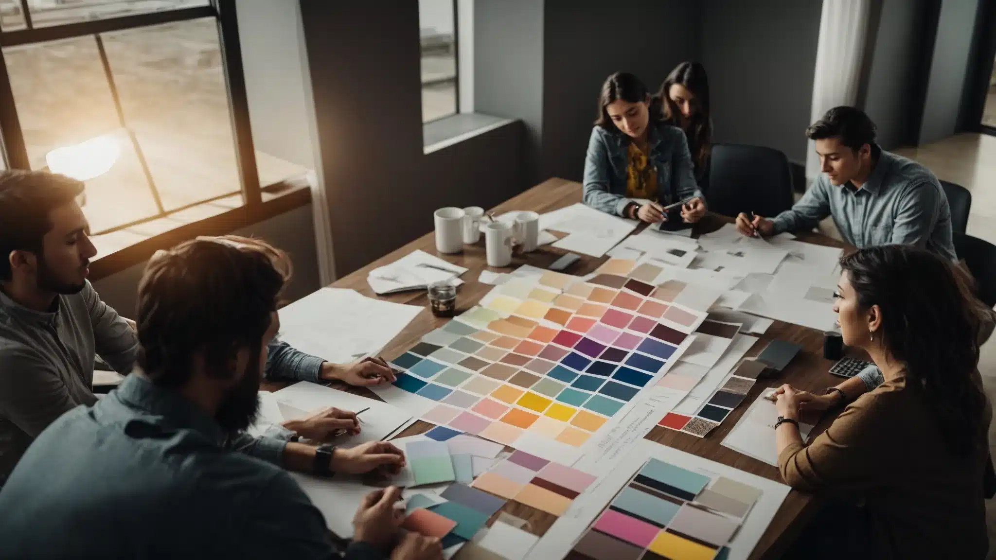 A Team Of Designers Brainstorming Around A Modern Table With Color Swatches And A Blank Screen Displaying A Logo Template.
