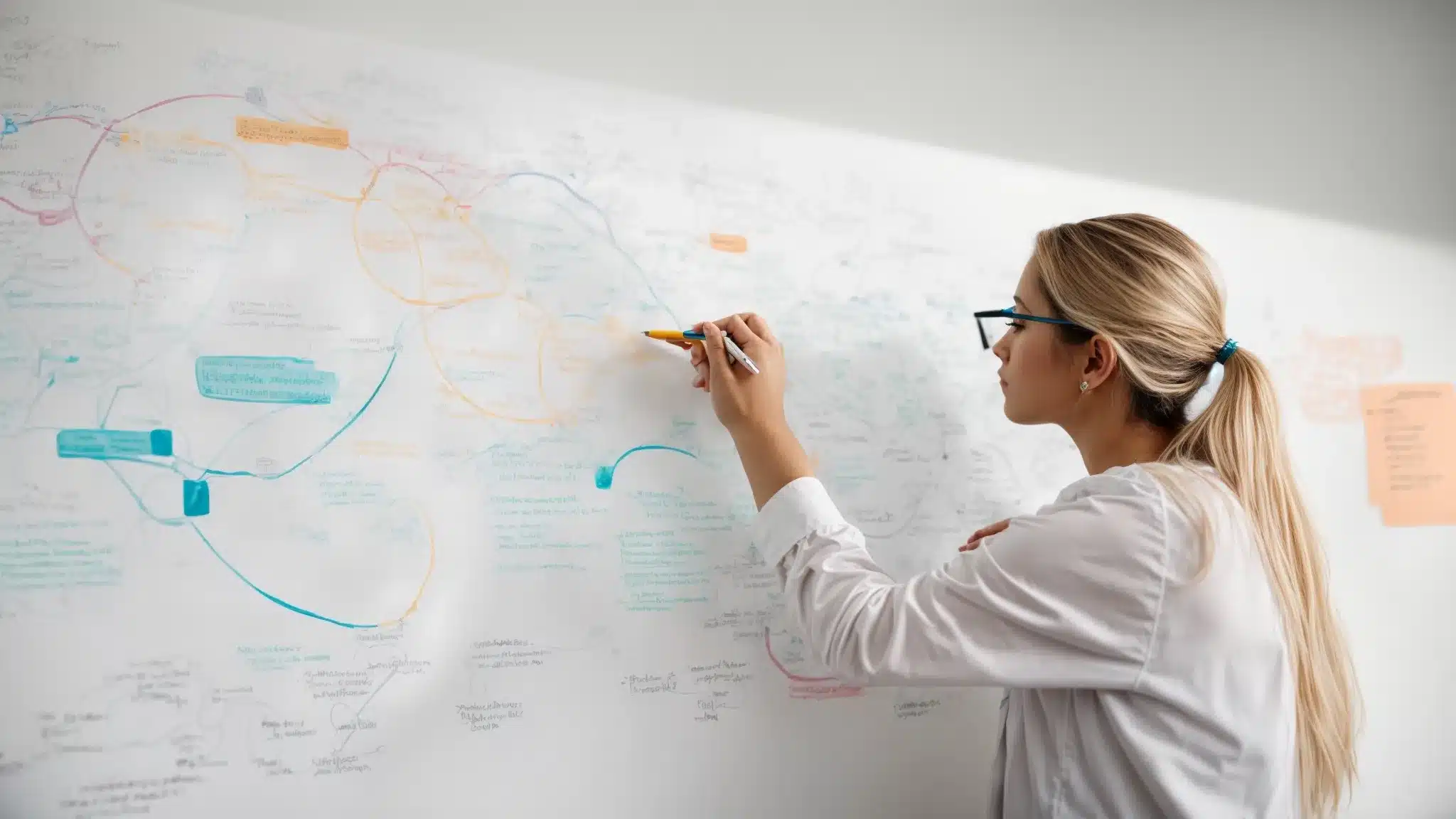 A Focused Individual Sketches A Vibrant Mind Map On A Large Whiteboard, Symbolizing Strategic Planning For Brand Identity.
