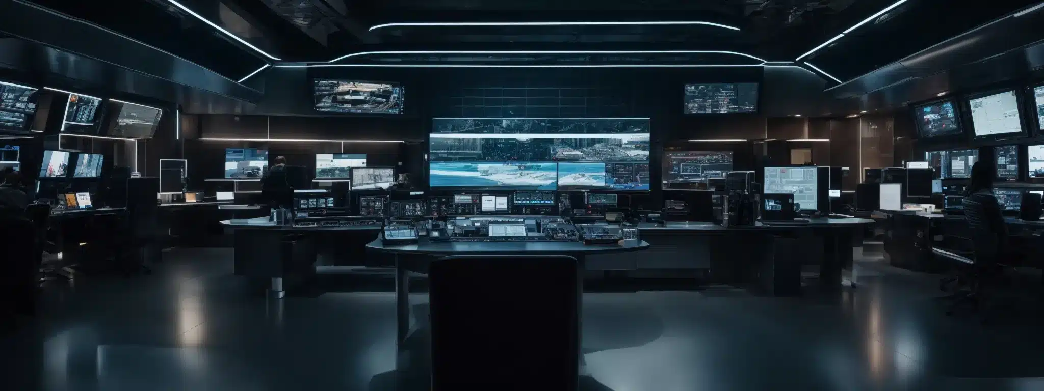 A Futuristic Command Center With An Expansive Digital Screen Displaying An Array Of Content Management Tools.