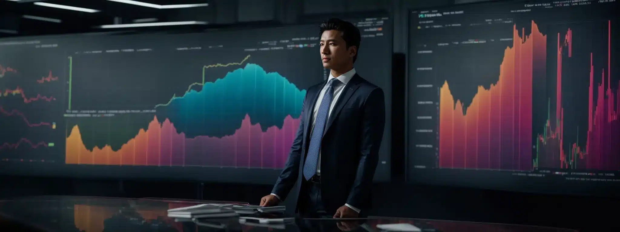 A Confident Business Professional Stands Before A Large Screen Displaying Colorful Graphs And Charts Analyzing Market Trends.
