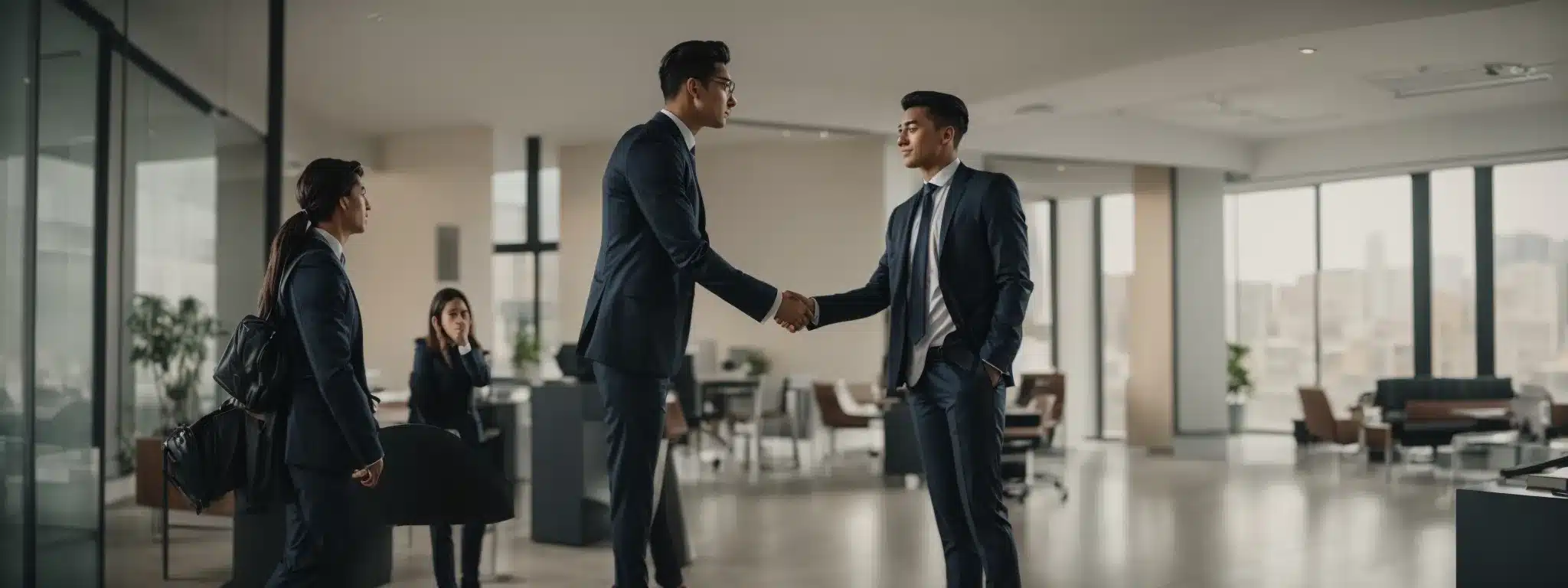 An Influencer And Brand Representative Shaking Hands In A Bright, Modern Office, Symbolizing A Partnership.