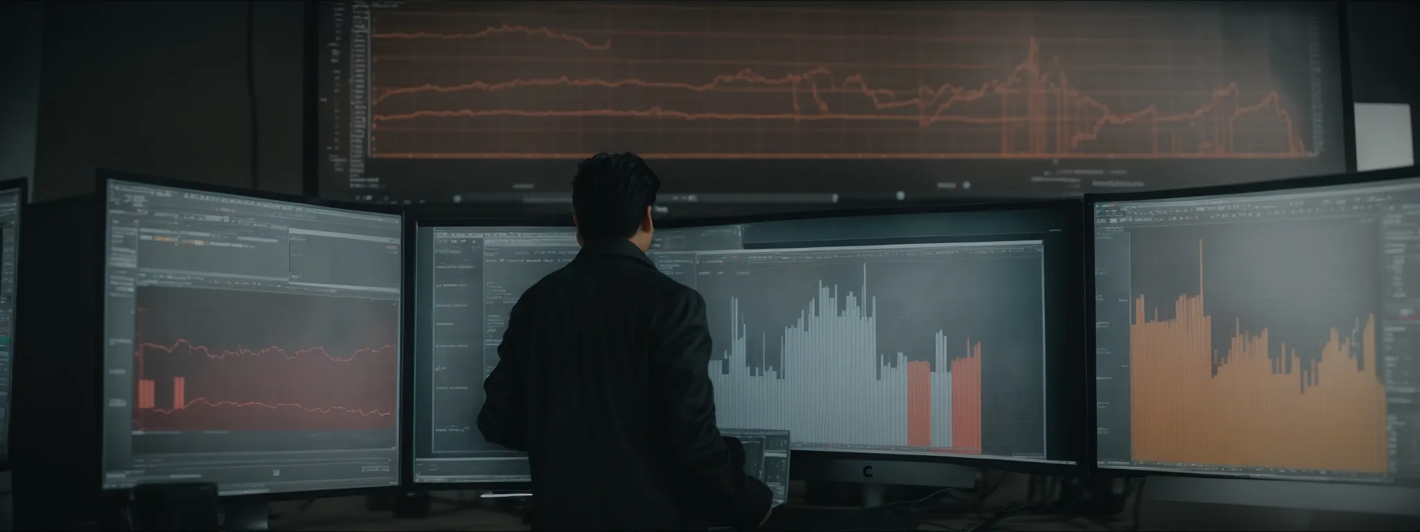 A Person Scrutinizing Complex Graphs And Charts Displayed On A Large Monitor In A Modern Office.